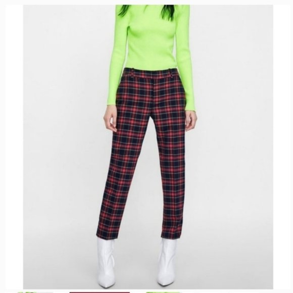 Zara Pants - Zara Women Red Tartan Plaid Straight Trouser Pant
